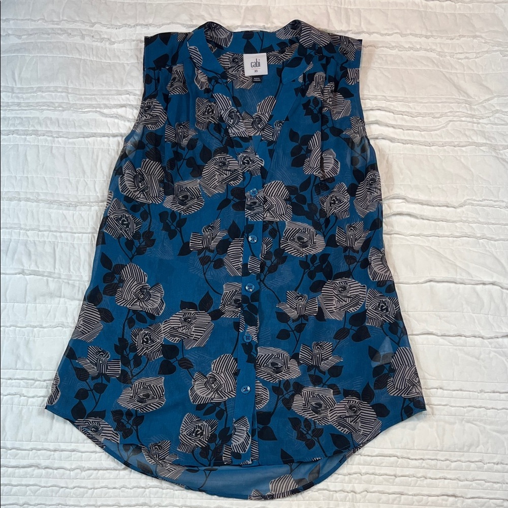 CAbi Teal and White Floral Button-Up Blouse